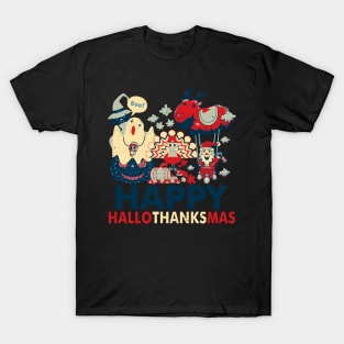 Retro Happy Hallowthanksmas for Halloween Thanksgiving Xmas T-Shirt